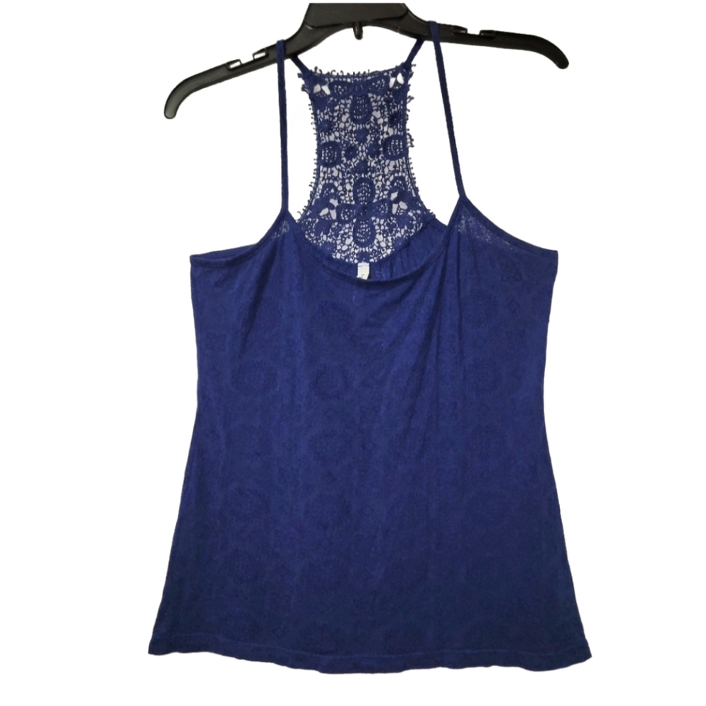 Full Tilt Crochet Back Racerback Cobalt Blue Sheer Tank size XL